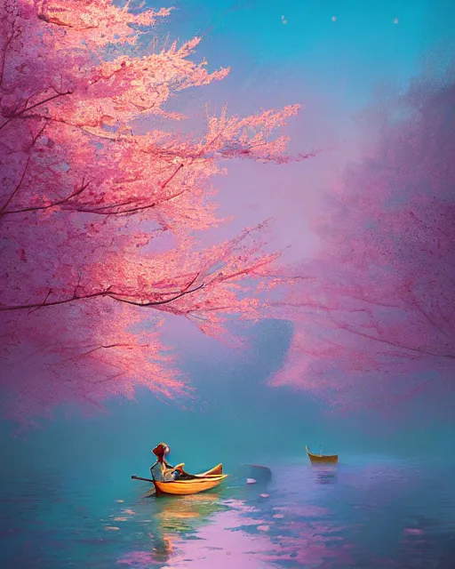 Prompt: a couple in a rowboat traveling down the river | cherry - blossoms | highly detailed | very intricate | serene romantic fantasy whimsical magical | soft bright natural morning light | pixar | award - winning | matte painting by anton fadeev and paul lehr and rhads and alena aenami | pastel color palette | featured on artstation