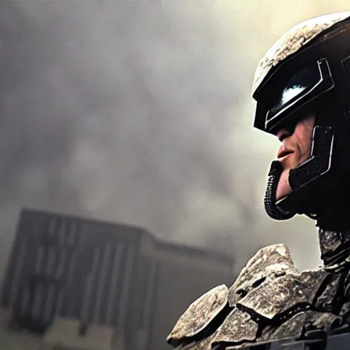 Image similar to cinematic, 4 k, full body portrait, rock golem as a soldier smoking a cigarette, still from the movie judge dredd