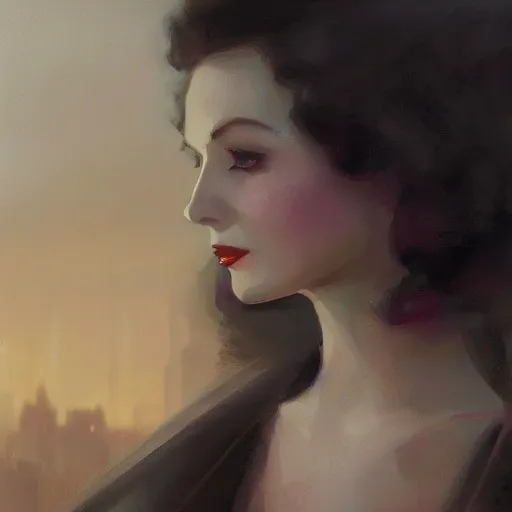 Prompt: closeup portrait of a young vivien leigh, 1 9 2 0 s, femme fatale, city background, megacity, high fantasy, dramatic light, gorgeous view, depth, high detail, digital art, painted by greg rutkowski, trending on artstation