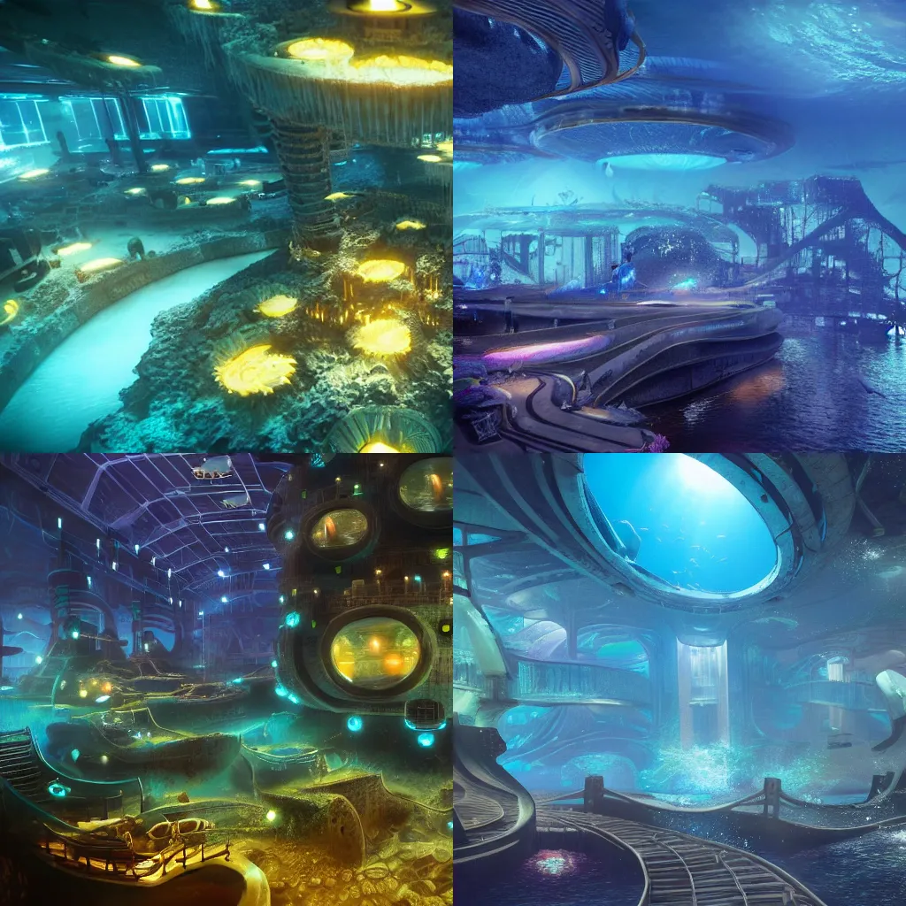 Prompt: underwater city, advance technology, bioluminescent, futuristic, photo realistic