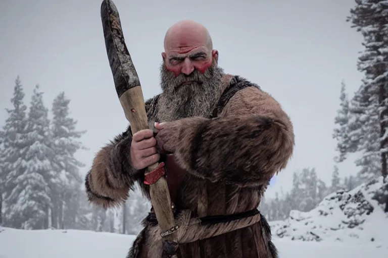 Image similar to vfx movie strong bald man in furs, natural grizzled skin, streaks of red face paint grey beard, holding two detailed viking axes, in snowy tahoe, god of war by emmanuel lubezki