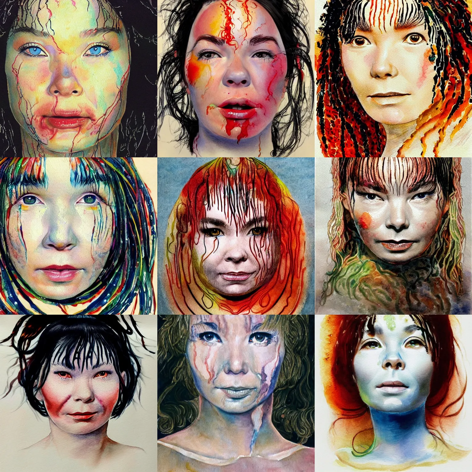 Prompt: photorealistic portrait of bjork's face, beautifully painted in watercolor by william blake, 1 8 2 6. bjork's face is covered in spaghetti sauce, marinara.