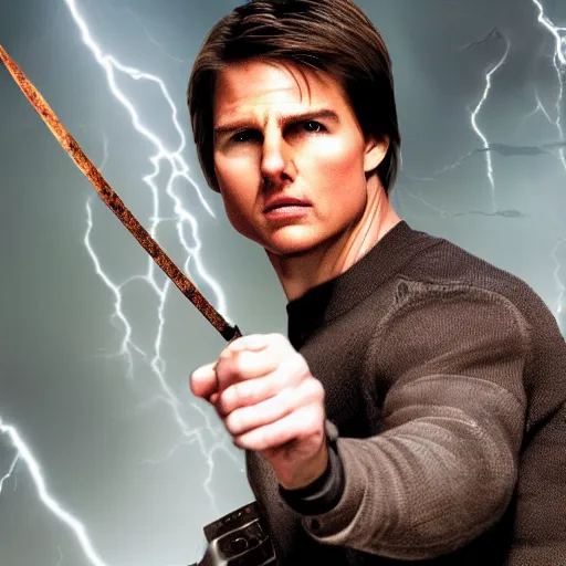 Prompt: high detail photo Tom Cruise as Harry Potter, glasses, lightning scar on forehead, upper torso, wand in hand, 4k,