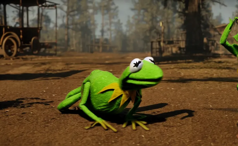 Image similar to kermit the frog in red dead redemption 2, cinematic shot, 4 k