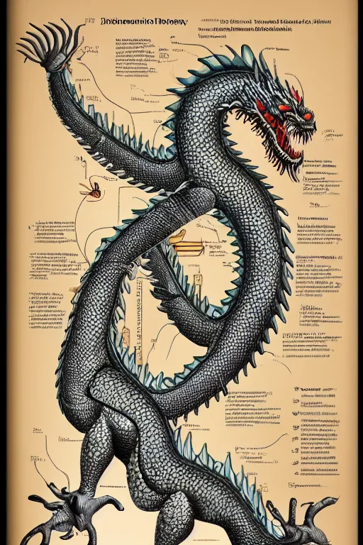 Image similar to anatomical encyclopedia illustration of a chinese dragon, photorealistic, diagram, intricate details