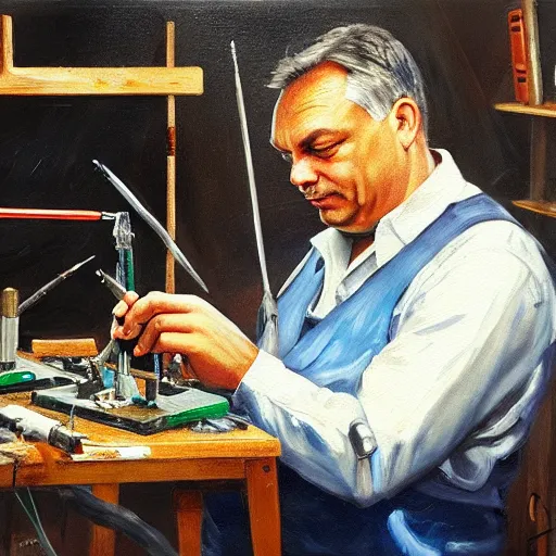 Image similar to viktor orban soldering in a workshop, oil painting