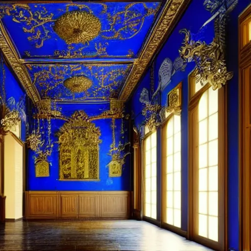Prompt: grand hall in a mansion with lapis lazuli walls