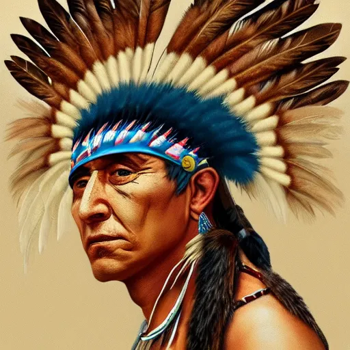 Image similar to painting portrait of a native american wearing a eagle feather headdress, artstation, ultra detailed, tinted brown