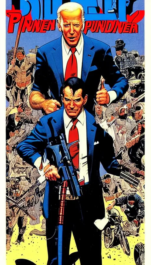 Image similar to joe biden as the punisher. portrait by clyde caldwell and jean giraud and anton otto fischer and john philip falter and will eisner and gil elvgren