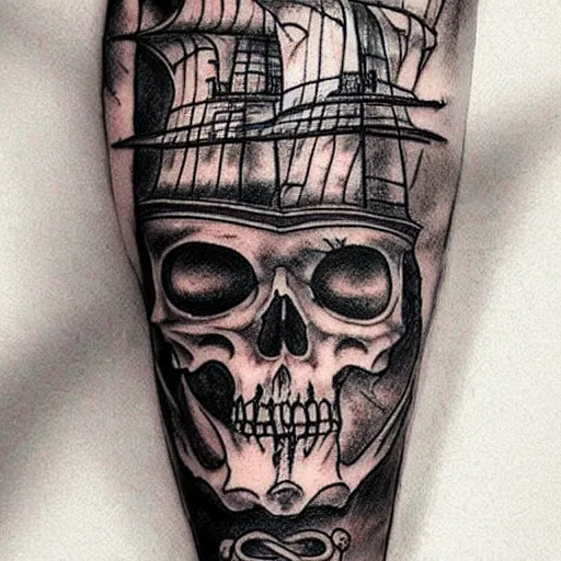 Image similar to A magical pirate ship tattoo realistic tattoo sketch on white background, hyper realistic shaded tattoo, award winning tattoo