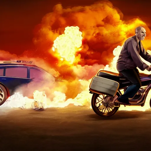 Image similar to photo of walter white riding a bike with an exploding car behind him, color, cinematic lighting