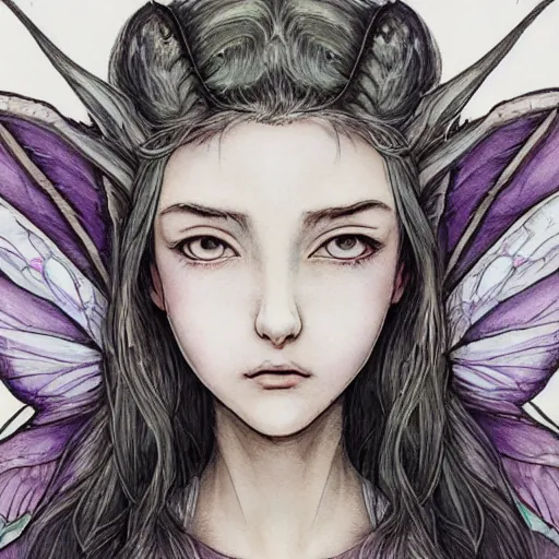 Prompt: portrait of a fairy girl, wearing a hoodie and sweatpants, symmetrical wings, wings made of pizza, basic white background, symmetrical, watercolor, pen and ink, intricate line drawings, by Yoshitaka Amano, Ruan Jia, Kentaro Miura, Artgerm, detailed, trending on artstation, hd, masterpiece,