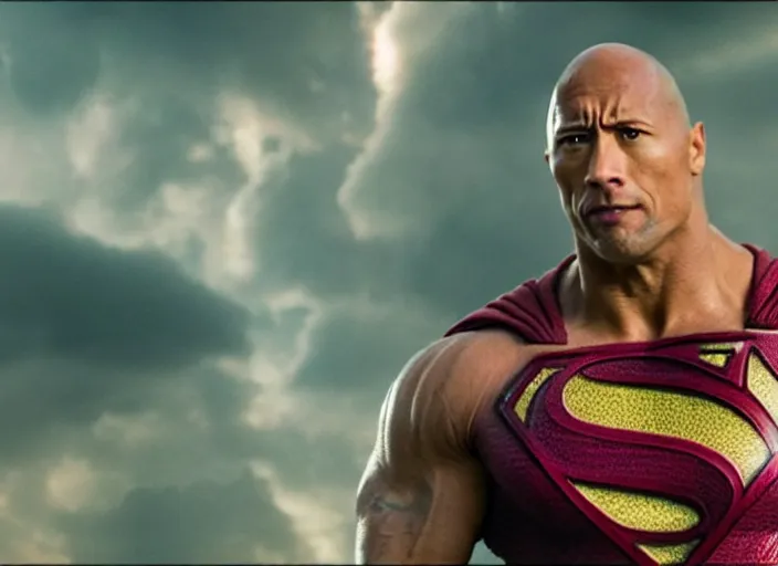 Prompt: film still of dwayne the rock johnson as superman in the new superman movie, 4 k, highly detailed face, detailed eyes