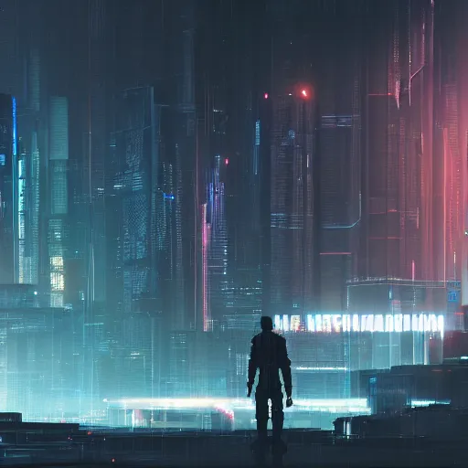 Prompt: cyberpunk landscape with a solo figure in the foreground, volumetric lighting