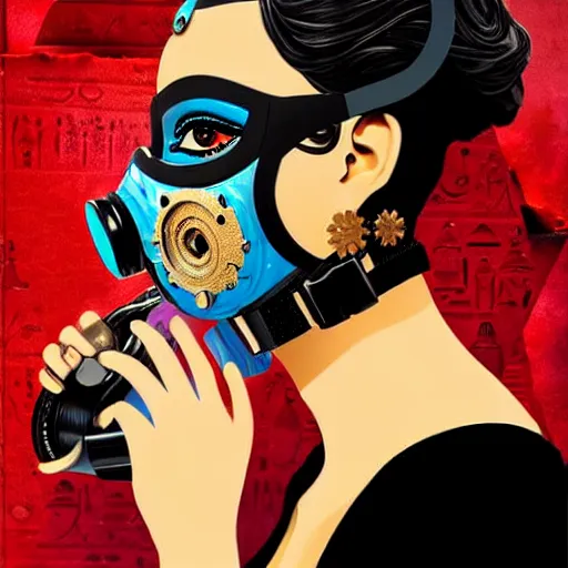 Image similar to a profile photo of egyptian woman with a diving mask with clockwork details :: side profile :: in ocean :: guns and bullets :: gold and petals pattern :: blood and horror :: by marvel and Sandra Chevrier