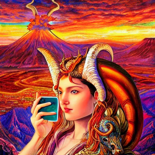 Prompt: horned ram goddess, checking her cell phone, erupting volcano in distance, sunset, flowers in foreground, zodiac, fantasy acrylic on canvas, intricately detailed, highly detailed, high resolution, hdr, 8 k, artist, trending on artstation, painting by senior concept artist josephine wall