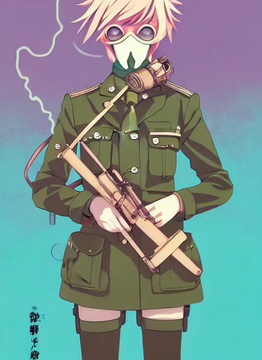 Image similar to singular girl with wearing ww 2 gas mask, ww 2 uniform, very anime!!! anime!! intricate details, aesthetically pleasing pastel colors, smoke poster background, art by conrad roset and ilya kuvshinov