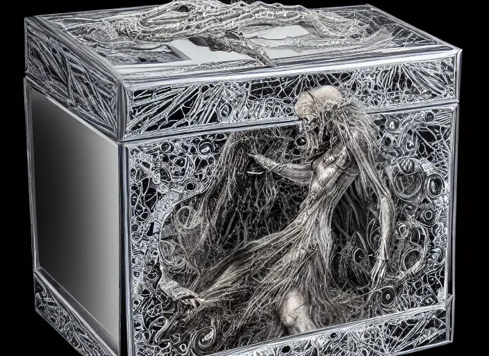 Image similar to reflective crystal box with horrors inside. Fantasy horror style. Highly detailed 8k. Intricate. Nikon d850 55mm. Award winning photography.