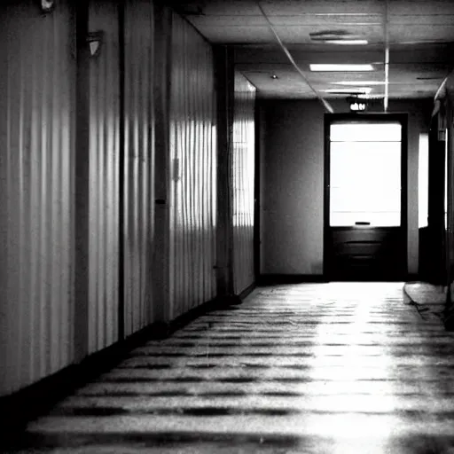 Image similar to a dark figure at the end of a creepy empty office hallway. craiglist photo.
