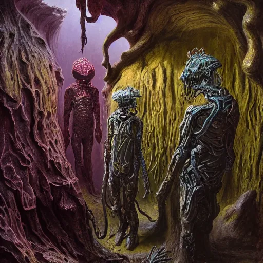 Image similar to painting of a creepy family wearing body armor, intercrossed humans, mixed animal, in a beautiful crystal caverine, by giger, zdzislaw beksinski, frank frazette, cold hue's, amazing colorful background, digital art, concept art, animal painting, beautiful composition 3 - d 4 k,