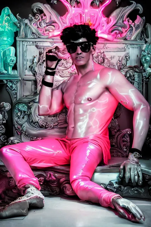 Image similar to full-body rococo and cyberpunk style neon statue of a muscular attractive Marc Anthony wearing cholo shades macho dotado e rico android sim roupa reclining con las piernas abertas e la piroca dura, ethereal white dripping tar, glowing orange lasers, pink tigers, glowing eyes, silver prince crown, black gears, pink diamonds, swirling mint-colored silk fabric. futuristic elements. full-length view. human skulls. large intricate artwork by caravaggio. Trending on artstation, octane render, cinematic lighting from the right, hyper realism, octane render, 8k, depth of field, 3D