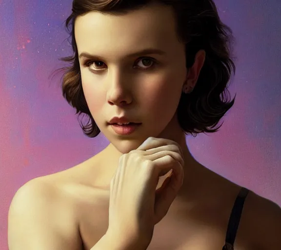 Image similar to photography millie bobby brown with hands - up and hairy armpits, deep focus, intricate, elegant, highly detailed, digital painting, artstation, concept art, matte, sharp focus, illustration, art by artgerm and greg rutkowski and alphonse mucha and gil elvgren