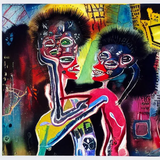 Prompt: watercolor painting of two bizarre psychedelic goth women hugging each other closeup in a space station in japan, speculative evolution, mixed media collage by basquiat and jackson pollock, maximalist magazine collage art, sapphic art, lesbian art, chemically damaged