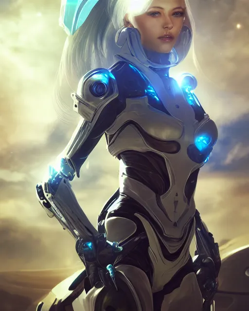 Image similar to perfect android girl on a mothership, warframe armor, beautiful face, scifi, futuristic, galaxy, nebula, raytracing, dreamy, long white hair, blue cyborg eyes, sharp focus, cinematic lighting, highly detailed, artstation, divine, by gauthier leblanc, kazuya takahashi, huifeng huang