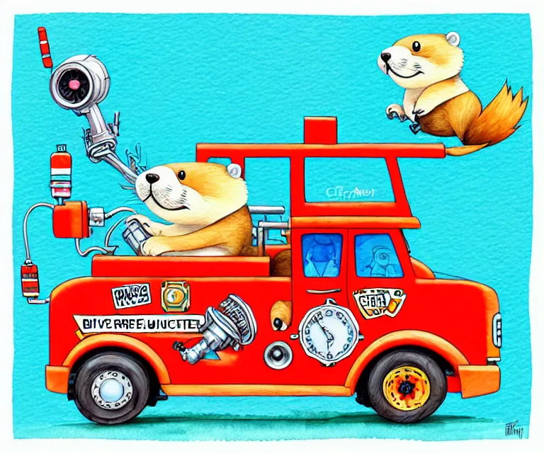 Image similar to cute and funny, beaver driving a tiny fire truck with an oversized engine, ratfink style by ed roth, centered award winning watercolor pen illustration, isometric illustration by chihiro iwasaki, edited by craola, tiny details by artgerm and watercolor girl, symmetrically isometrically centered