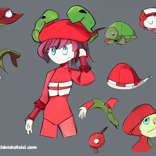 Prompt: concept art for a turtle girl with red cap, anime 2d platformer