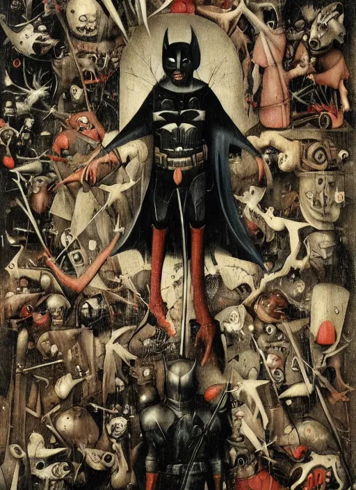 Prompt: The dark knight by Hieronymus Bosch and James Jean, rule of thirds, highly detailed features, perfect symmetry, horror elements, horror theme, award winning