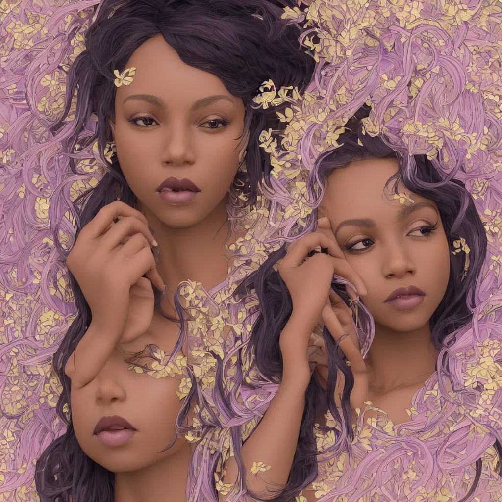 Prompt: beautiful black woman with gorgeous pastel balayage hairstyle, as seen on artgerm, octane render, in the style of alphonse mucha, ultra realistic, highly detailed, 8 k