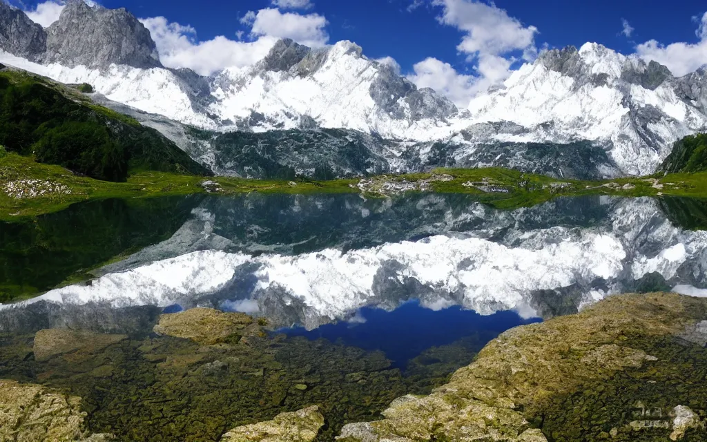 Image similar to the alps and reflection in a lake in the style of georgia o keefe