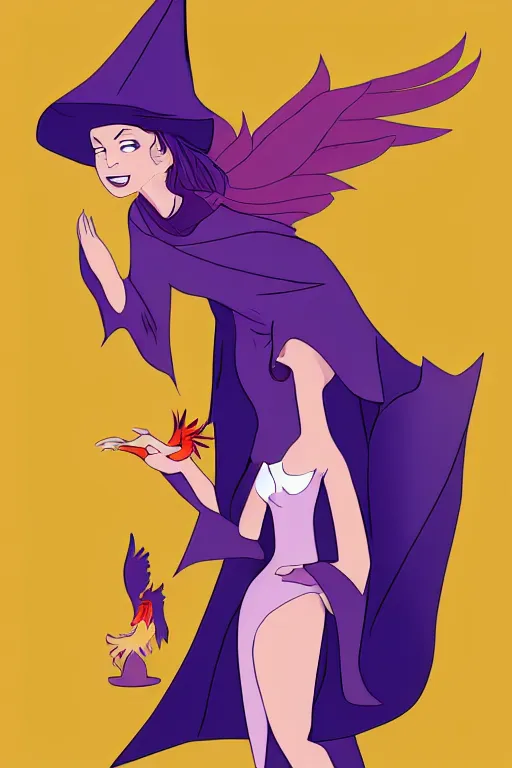 Prompt: Young beautiful short woman in purple witch robes and pointy hat with a small pet phoenix on her shoulder, full body shot, cell shading