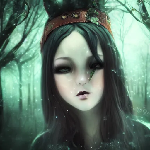 Prompt: focus face portrait of beautiful darkness witch 3D anime girl, dark forest background, snowing, bokeh, inspired by Tim Burton, digital painting, high contrast, unreal engine render, volumetric lighting, high détail