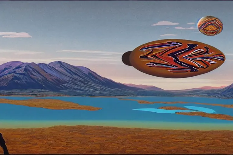 Image similar to a giant ((((metallic)))) floating sphere covered in canadian colorful aboriginal patterns!! hovering above a Yukon lake, (painted by Ralph McQuarrie), matte painting, very detailed, 1500K, concept art