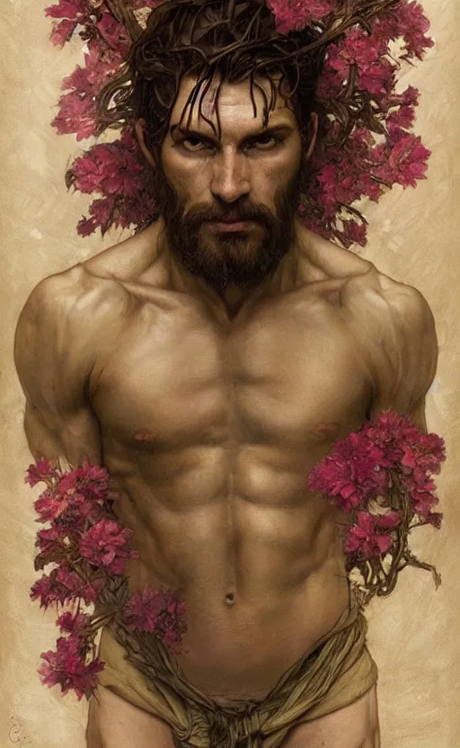 Image similar to god of the forest, 3 0 years old, rugged, handsome, male, detailed face, clean lines, atmospheric lighting, amazing, full body, thighs, flowers, muscular, intricate, highly detailed, digital painting, deviantart, concept art, sharp focus, illustration, art by greg rutkowski and alphonse mucha