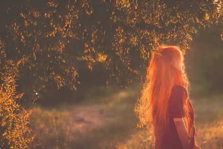 Image similar to picture of woman in the sunset, long hair, red head, golden hour, high depth of field, zoom, 4 k