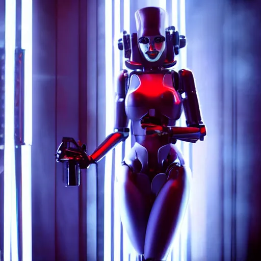 Image similar to beautiful romantic seductive robot android woman with bright lipstick sings on stage in a dimly lit futuristic nightclub, dark city, twilight zone