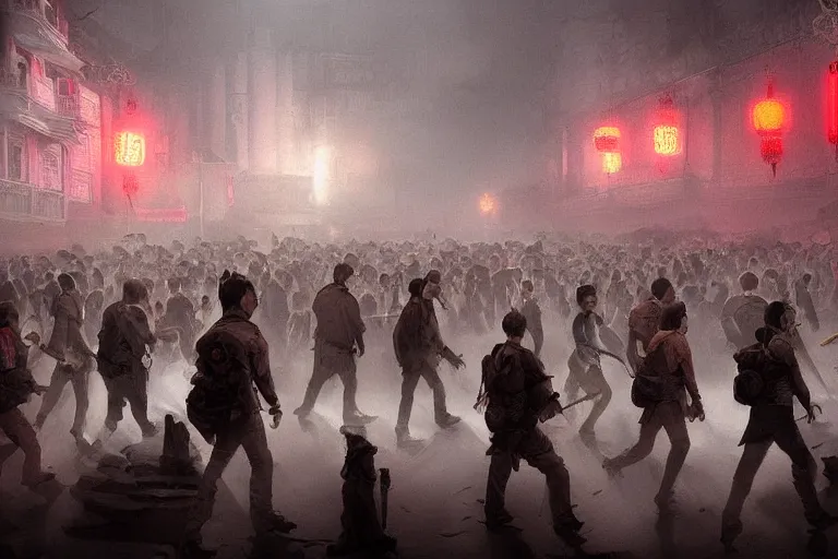 Image similar to crowds on programmers are marching to chinese palace, dark atmosphere, light above palace, digital art, trending on artstation