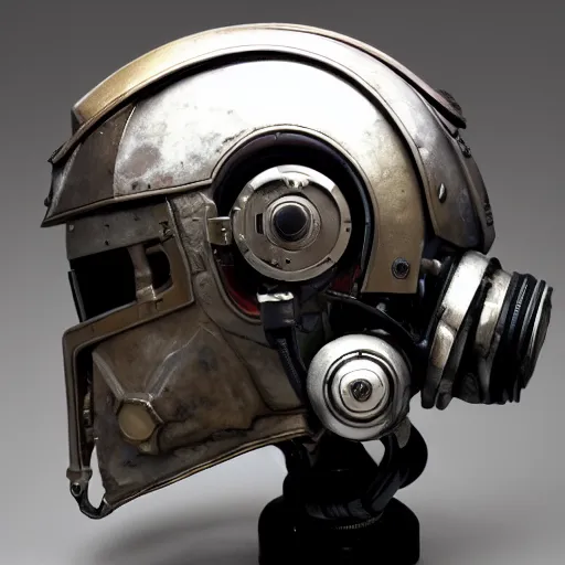 Prompt: cyberpunk mediaval mechanical helmet with side intircate hoses looking straight by Vitaly Bulgarov, front view