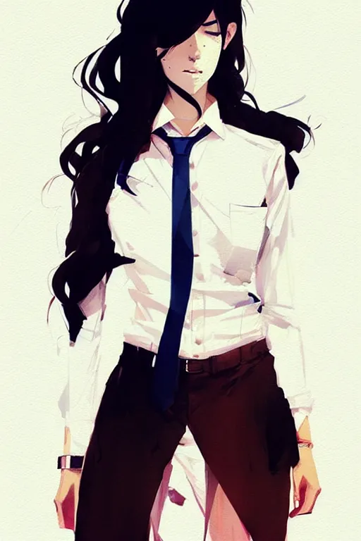 Image similar to a ultradetailed full body portrait of a woman dressed in a white shirt with a tie, by conrad roset, greg rutkowski and makoto shinkai trending on artstation