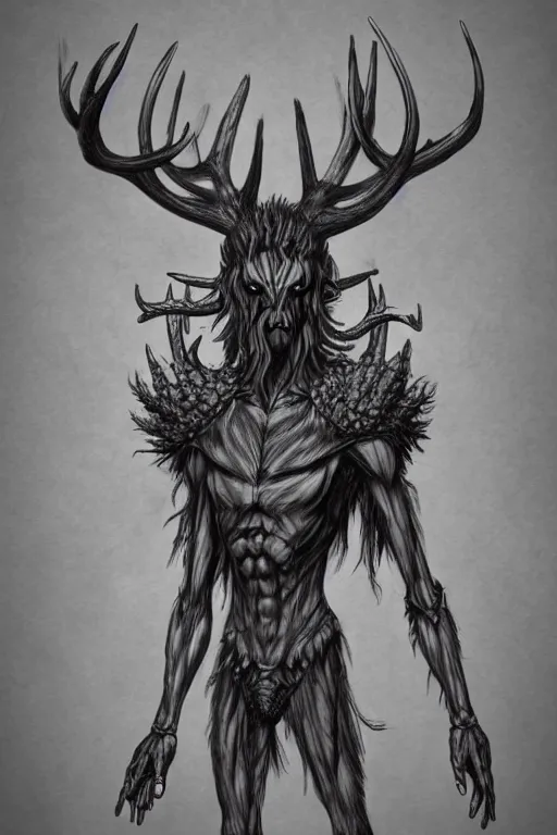 Prompt: humanoid figure monster with antlers, highly detailed, digital art, sharp focus, trending on art station, kentaro miura manga art style