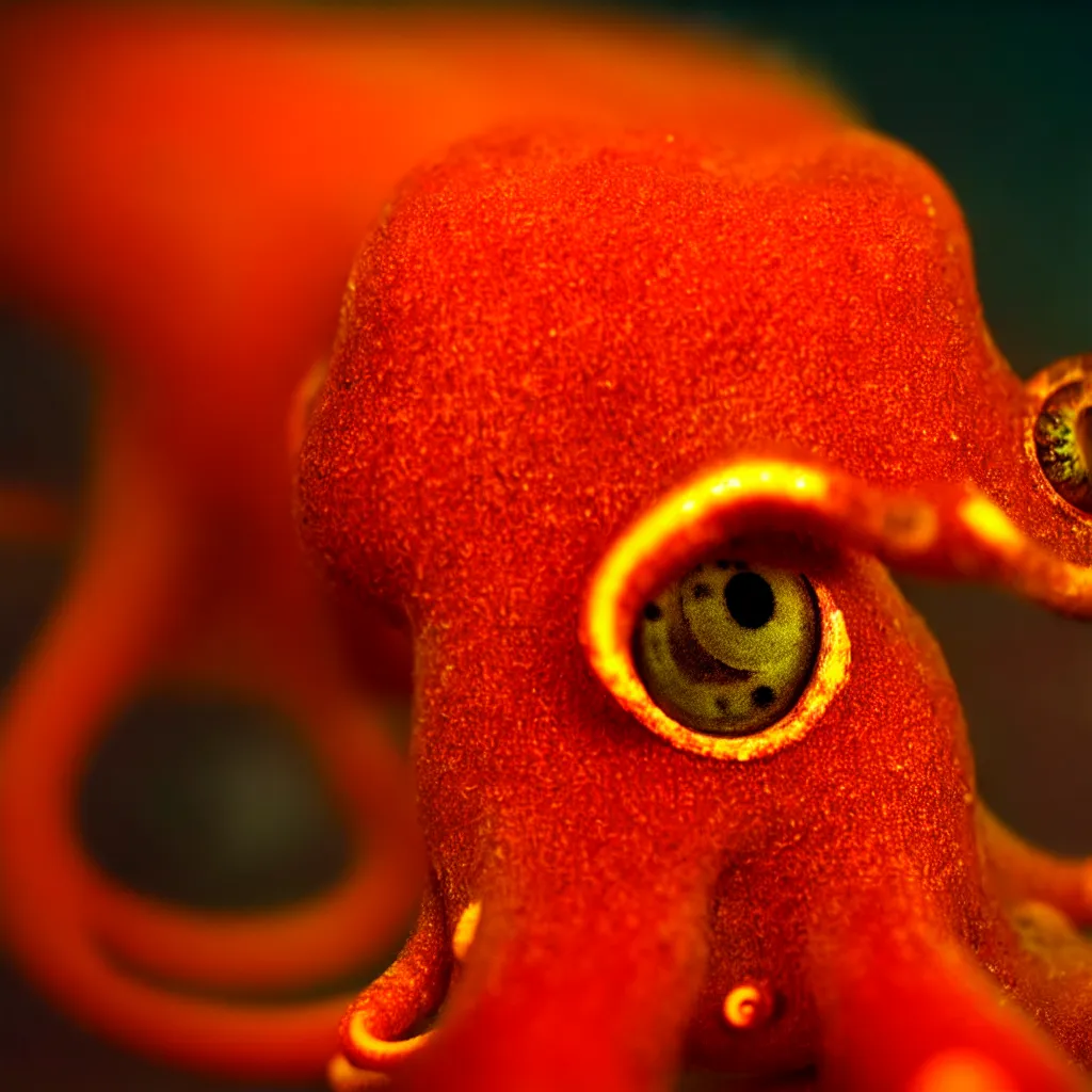 Image similar to fiery whimsical emotional eyes cephalopod, in a photorealistic macro photograph with shallow dof