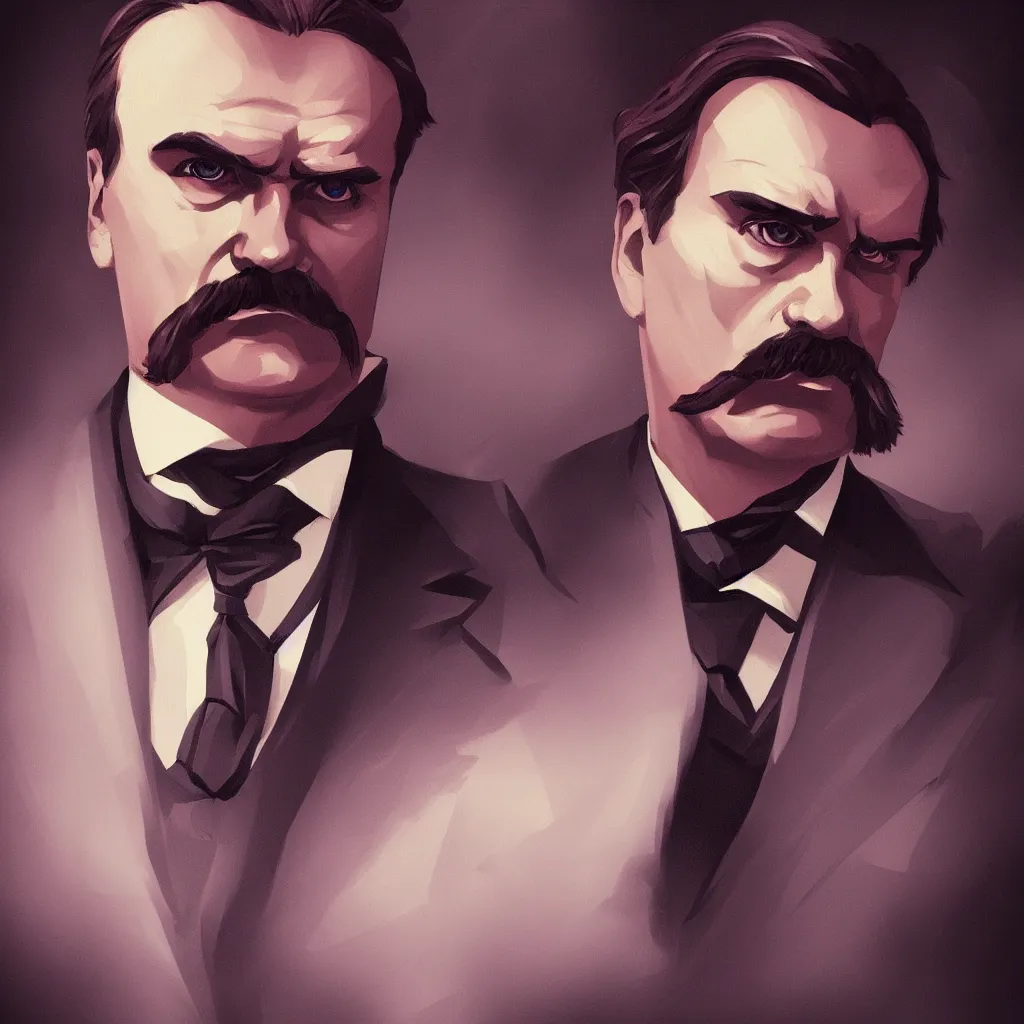 Prompt: Portrait of Friedrich Nietzsche in his Suit with a chiseled Jawline and serious Look, in the Style of Artgerm and Charlie Bowater and Mike Mignola, rim light, moody colors, hard shadows, colorful, plain background, trending on artstation