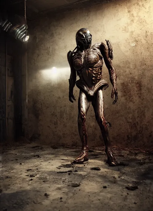 Image similar to a photorealistic dramatic hyperrealistic render of predator the alien hunter, ultra realistic details, well worn, rust, oil stains designed by vitaly bulgarov and mike nash, beautiful dramatic dark moody tones and lighting, cinematic atmosphere, studio lighting, global illumination, shadows, dark background, octane render, 8 k