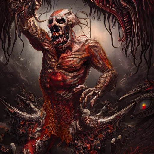 Prompt: horrifying monster in hell, maximalist, high detail, 8k, ornate, dark fantasy, realistic, masterpiece, Trending on art station, complex, WLOP