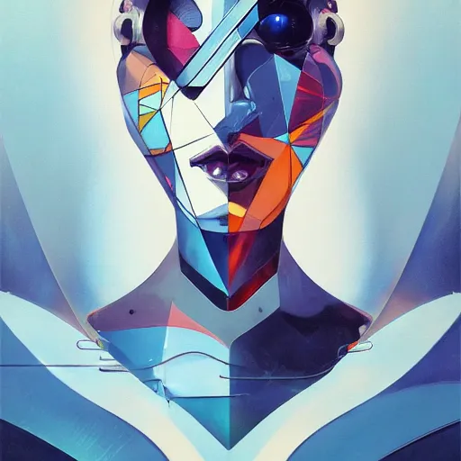 Image similar to scifi futurism automaton minimalism chrome by peter mohrbacher art Hajime Sorayama airbrush hyperrealism model abstract shatter fragments cubism futurism pastel blue soft flat minimal minimalism portrait face jackson pollock ukiyo-e lithograph