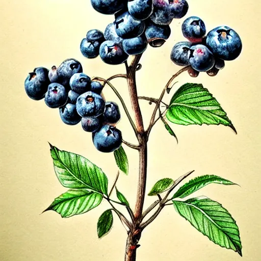 Image similar to botanical drawing of blueberry bush. Traditional art. Rustic. Nordic. Trending on artstation. Detailed. Bushy. Nature. Artistic.