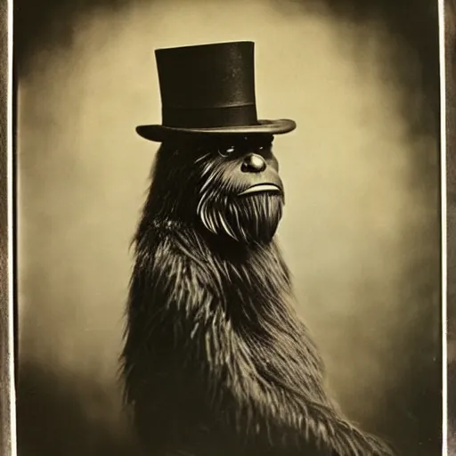 Image similar to a vintage wet plate portrait of a dignified bigfoot with a top hat and cane, extremely detailed, by philippe halsman!!!!!!!!!!!!!!!!!!